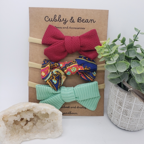 008B "Bejeweled" Hair Bows on Nylon Headbands Jewel Tone Paisley Handmade - Picture 1 of 5